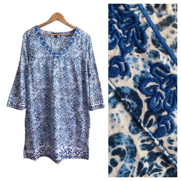Lands' End Swim Lands End Blue White Embroidered Tunic Swim Beach